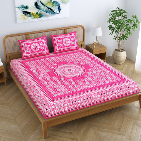 SheetKart Floral Leads 100% Cotton Bedsheet for Double Bed King Size with 2 Pillow Covers Jaipuri Printed Bed Cover - Pink Pearl 