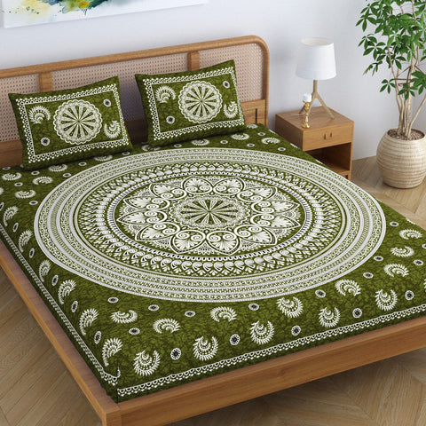 SheetKart Floral Motif Mandala 100% Cotton Bedsheet for Double Bed King Size with 2 Pillow Covers Jaipuri Printed Bed Cover - Pine Green 