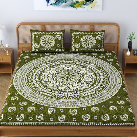 SheetKart Floral Motif Mandala 100% Cotton Bedsheet for Double Bed King Size with 2 Pillow Covers Jaipuri Printed Bed Cover - Pine Green 