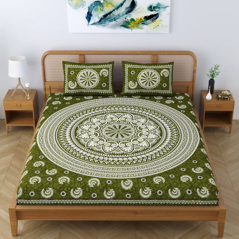 SheetKart Floral Motif Mandala 100% Cotton Bedsheet for Double Bed King Size with 2 Pillow Covers Jaipuri Printed Bed Cover - Pine Green 