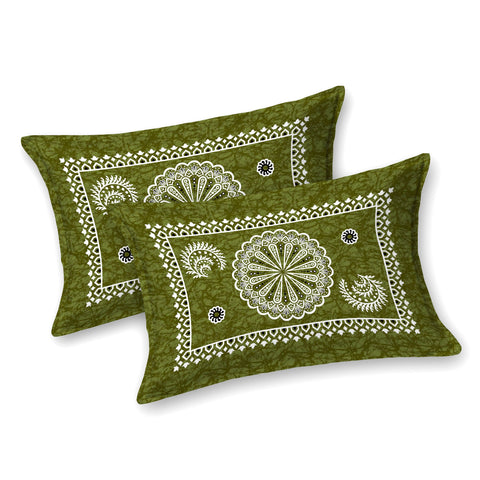 SheetKart Floral Motif Mandala 100% Cotton Bedsheet for Double Bed King Size with 2 Pillow Covers Jaipuri Printed Bed Cover - Pine Green 