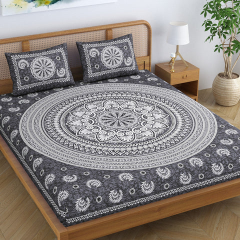 SheetKart Floral Motif Mandala 100% Cotton Bedsheet for Double Bed King Size with 2 Pillow Covers Jaipuri Printed Bed Cover - Charcoal Grey 