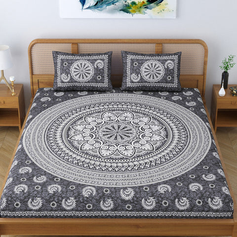 SheetKart Floral Motif Mandala 100% Cotton Bedsheet for Double Bed King Size with 2 Pillow Covers Jaipuri Printed Bed Cover - Charcoal Grey 