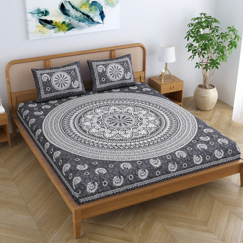 SheetKart Floral Motif Mandala 100% Cotton Bedsheet for Double Bed King Size with 2 Pillow Covers Jaipuri Printed Bed Cover - Charcoal Grey 