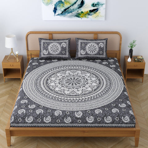 SheetKart Floral Motif Mandala 100% Cotton Bedsheet for Double Bed King Size with 2 Pillow Covers Jaipuri Printed Bed Cover - Charcoal Grey 