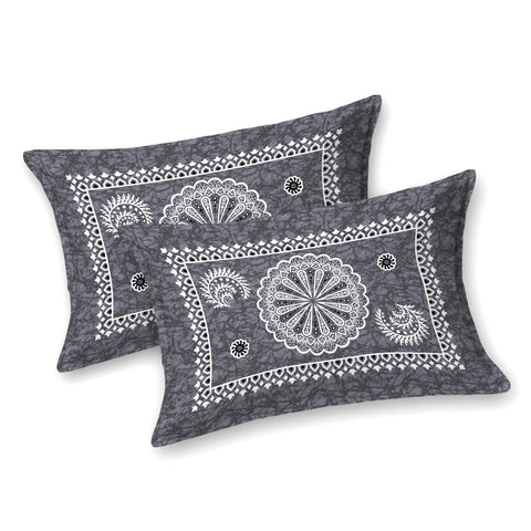 SheetKart Floral Motif Mandala 100% Cotton Bedsheet for Double Bed King Size with 2 Pillow Covers Jaipuri Printed Bed Cover - Charcoal Grey 