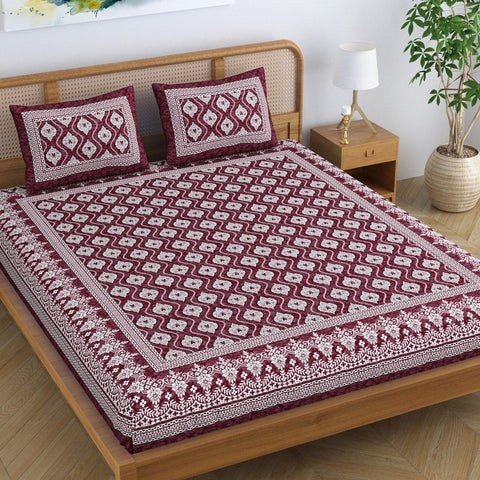 SheetKart Floral Aesthetic 100% Cotton Bedsheet for Double Bed King Size with 2 Pillow Covers Jaipuri Printed Bed Cover - Choco Lava 