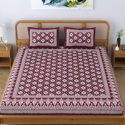 SheetKart Floral Aesthetic 100% Cotton Bedsheet for Double Bed King Size with 2 Pillow Covers Jaipuri Printed Bed Cover - Choco Lava 