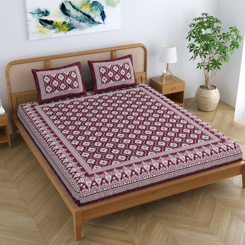 SheetKart Floral Aesthetic 100% Cotton Bedsheet for Double Bed King Size with 2 Pillow Covers Jaipuri Printed Bed Cover - Choco Lava 