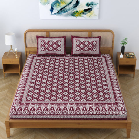 SheetKart Floral Aesthetic 100% Cotton Bedsheet for Double Bed King Size with 2 Pillow Covers Jaipuri Printed Bed Cover - Choco Lava 