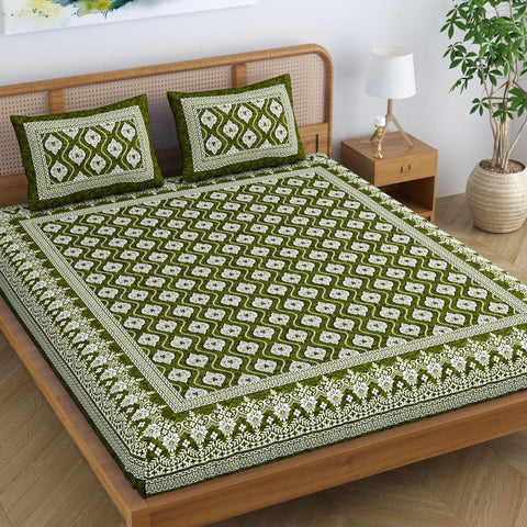 SheetKart Floral Aesthetic 100% Cotton Bedsheet for Double Bed King Size with 2 Pillow Covers Jaipuri Printed Bed Cover - Pine Green 