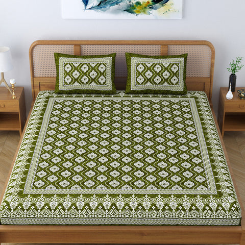 SheetKart Floral Aesthetic 100% Cotton Bedsheet for Double Bed King Size with 2 Pillow Covers Jaipuri Printed Bed Cover - Pine Green 
