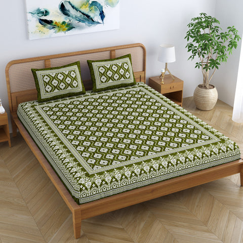 SheetKart Floral Aesthetic 100% Cotton Bedsheet for Double Bed King Size with 2 Pillow Covers Jaipuri Printed Bed Cover - Pine Green 