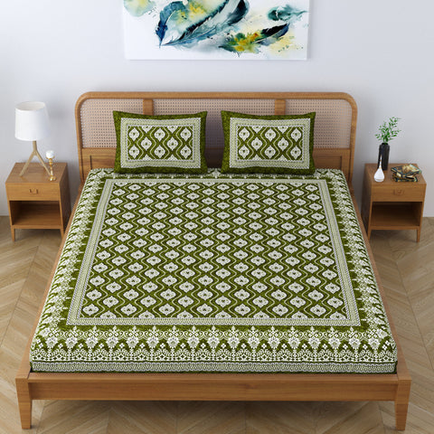 SheetKart Floral Aesthetic 100% Cotton Bedsheet for Double Bed King Size with 2 Pillow Covers Jaipuri Printed Bed Cover - Pine Green 