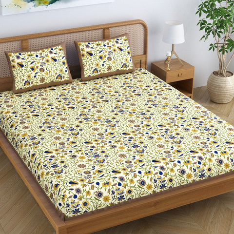 SheetKart Blossoms 100% Cotton Bedsheet for Double Bed, Jaipuri Printed Traditional Hand Screen Printed Bed Sheet with 2 Pillow Covers, Beige