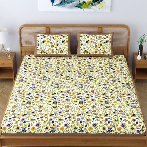 SheetKart Blossoms 100% Cotton Bedsheet for Double Bed, Jaipuri Printed Traditional Hand Screen Printed Bed Sheet with 2 Pillow Covers, Beige