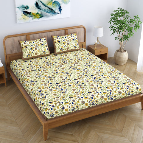 SheetKart Blossoms 100% Cotton Bedsheet for Double Bed, Jaipuri Printed Traditional Hand Screen Printed Bed Sheet with 2 Pillow Covers, Beige