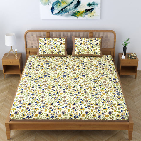 SheetKart Blossoms 100% Cotton Bedsheet for Double Bed, Jaipuri Printed Traditional Hand Screen Printed Bed Sheet with 2 Pillow Covers, Beige