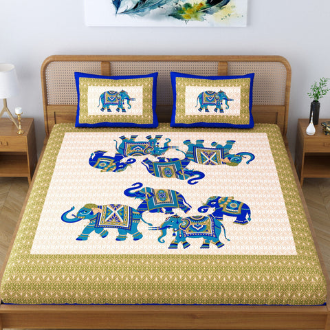 SheetKart Elephant Printed 100% Cotton Bedsheet for Double Bed, Jaipuri Printed Traditional Hand Screen Printed Bed Sheet with 2 Pillow Covers, Blue