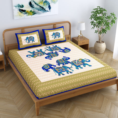 SheetKart Elephant Printed 100% Cotton Bedsheet for Double Bed, Jaipuri Printed Traditional Hand Screen Printed Bed Sheet with 2 Pillow Covers, Blue