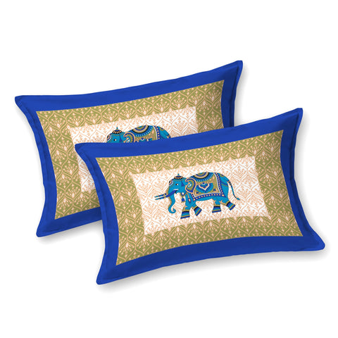 SheetKart Elephant Printed 100% Cotton Bedsheet for Double Bed, Jaipuri Printed Traditional Hand Screen Printed Bed Sheet with 2 Pillow Covers, Blue