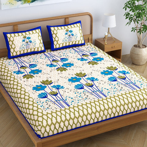 SheetKart Floral Printed 100% Cotton Bedsheet for Double Bed, Jaipuri Printed Traditional Hand Screen Printed Bed Sheet with 2 Pillow Covers, Blue