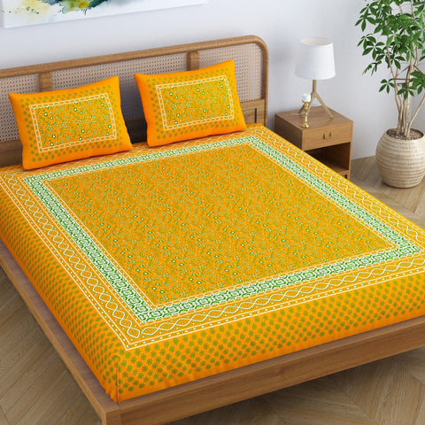 SheetKart Floral Printed 100% Cotton Bedsheet for Double Bed, Jaipuri Printed Signature Traditional Hand Screen Printed Bed Sheet with 2 Pillow Covers, Yellow