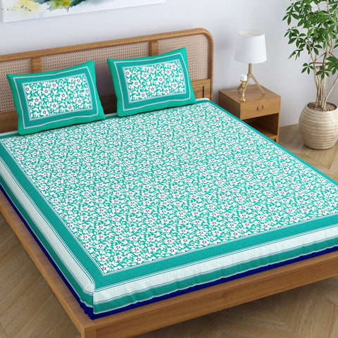 SheetKart Botanic Floral Printed 100% Cotton Bedsheet for Double Bed, Jaipuri Printed Signature Traditional Hand Screen Printed Bed Sheet with 2 Pillow Covers, Sea Green