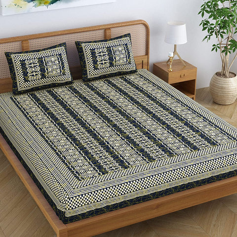 SheetKart Dabu Rapid Discharge Aesthetic 100% Cotton Double Bedsheet Jaipuri Printed Bed Cover with 2 Pillow Covers, Green & Turquoise Blue