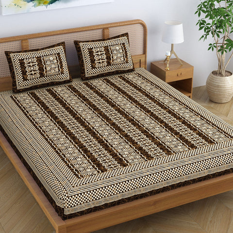 SheetKart Dabu Rapid Discharge Aesthetic 100% Cotton Double Bedsheet Jaipuri Printed Bed Cover with 2 Pillow Covers, Green & Brown