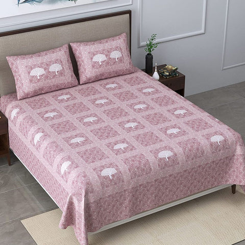 SheetKart Bedsheet for King Size Double Bed - Premium Traditional Floral Printed 144 TC 100% Cotton with 2 Pillow Covers, Pink - SheetKart