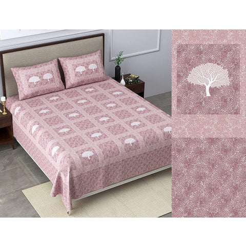 SheetKart Bedsheet for King Size Double Bed - Premium Traditional Floral Printed 144 TC 100% Cotton with 2 Pillow Covers, Pink - SheetKart
