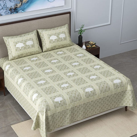 SheetKart Bedsheet for King Size Double Bed - Premium Traditional Floral Printed 144 TC 100% Cotton with 2 Pillow Covers, Green - SheetKart