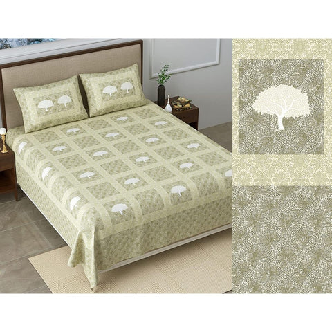 SheetKart Bedsheet for King Size Double Bed - Premium Traditional Floral Printed 144 TC 100% Cotton with 2 Pillow Covers, Green - SheetKart