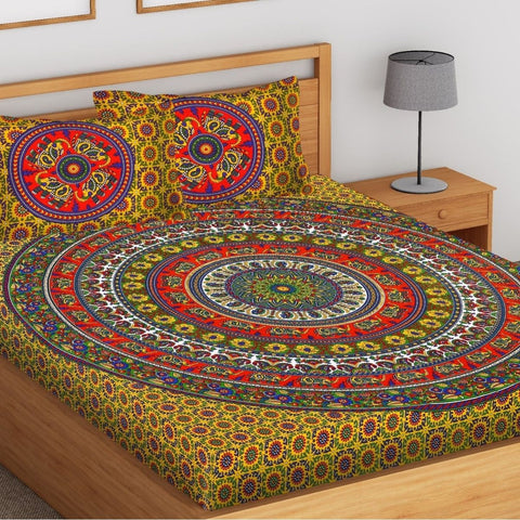 SheetKart Elephant Mandala Cotton Double King Size Jaipuri Bedsheet with 2 Pillow Covers - SheetKart