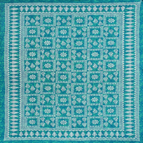 SheetKart Sea Green Square Floral Design 100% Cotton Single Bedsheet with 1 Pillow Cover - SheetKart