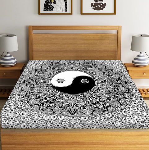 SheetKart Yin Yang Mandala Cotton Jaipuri Single Bedsheet, Superior Black - SheetKart
