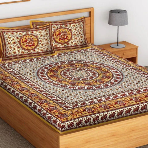 SheetKart Floral Cotton Jaipuri Yellow Color Double Bedsheet with 2 Pillow Covers - SheetKart