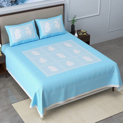 SheetKart Bedsheet for King Size Double Bed - Premium Traditional Rajasthani Printed 144 TC 100% Cotton with 2 Pillow Covers, Blue - SheetKart
