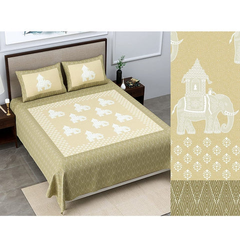 SheetKart Bedsheet for King Size Double Bed - Premium Traditional Elephant Printed 144 TC 100% Cotton with 2 Pillow Covers, Green - SheetKart