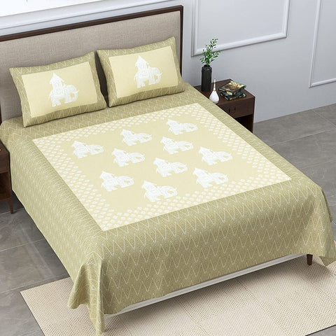 SheetKart Bedsheet for King Size Double Bed - Premium Traditional Elephant Printed 144 TC 100% Cotton with 2 Pillow Covers, Green - SheetKart