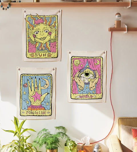 The Sun, World and Magician Tarot Tapestries - Aesthetic Bohemian Wall Hanging Tapestry for Bed Room Home Décor by SheetKart, Beige - SheetKart
