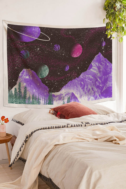 Space Landscape Tapestry - Aesthetic Bohemian Wall Hanging Mountain and Planets Tapestries for Bed Room Home Décor