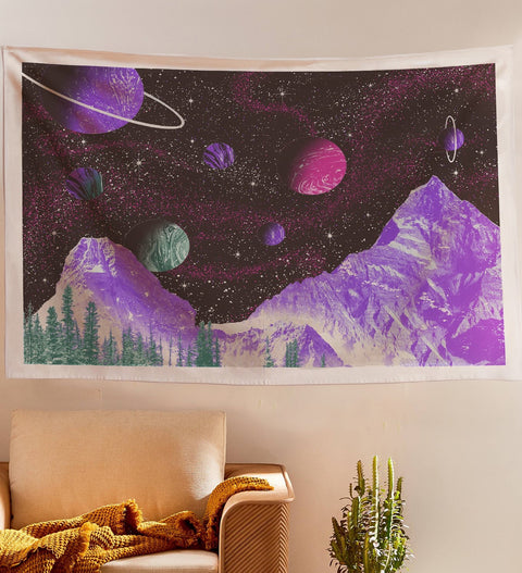 Space Landscape Tapestry - Aesthetic Bohemian Wall Hanging Mountain and Planets Tapestries for Bed Room Home Décor